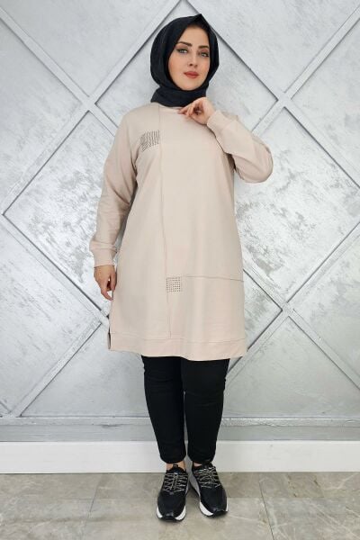 KADIN TAŞ YAPIŞTIRMALI TESETTÜR TUNİK BEJ - L