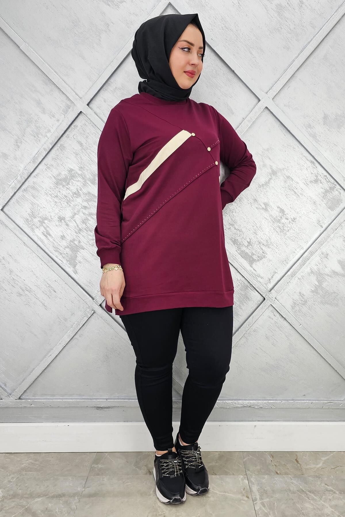 KADIN TAŞ DETAYLI TESETTÜR TUNİK BORDO - 2XL