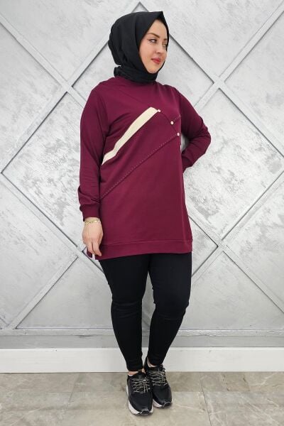 KADIN TAŞ DETAYLI TESETTÜR TUNİK BORDO - 2XL