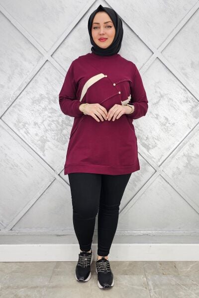 KADIN TAŞ DETAYLI TESETTÜR TUNİK BORDO - 2XL