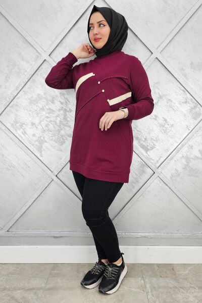 KADIN TAŞ DETAYLI TESETTÜR TUNİK BORDO - 2XL