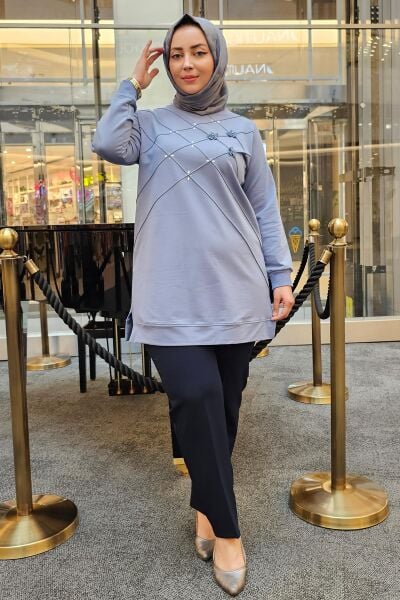 KADIN DİKME VE TAŞ DETAYLI TESETTÜR TUNİK MAVİ - 3 BEDEN