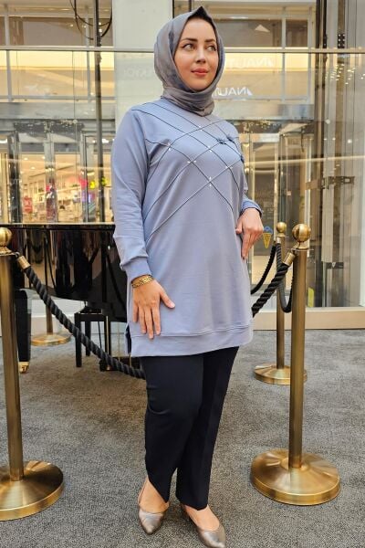 KADIN DİKME VE TAŞ DETAYLI TESETTÜR TUNİK MAVİ - 3 BEDEN