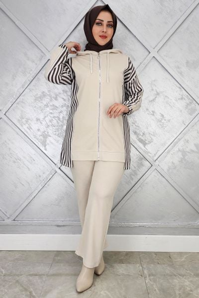 KADIN ÇİZGİLİ KOMBİN DETAYLI TESETTÜR TAKIM
