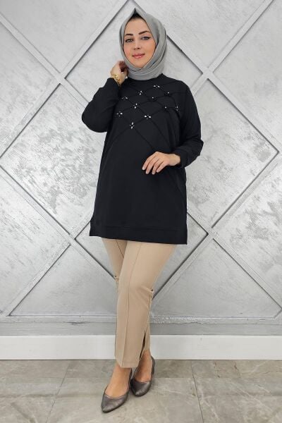 KADIN DİKME VE TAŞ DETAYLI TESETTÜR TUNİK SİYAH - 4 BEDEN