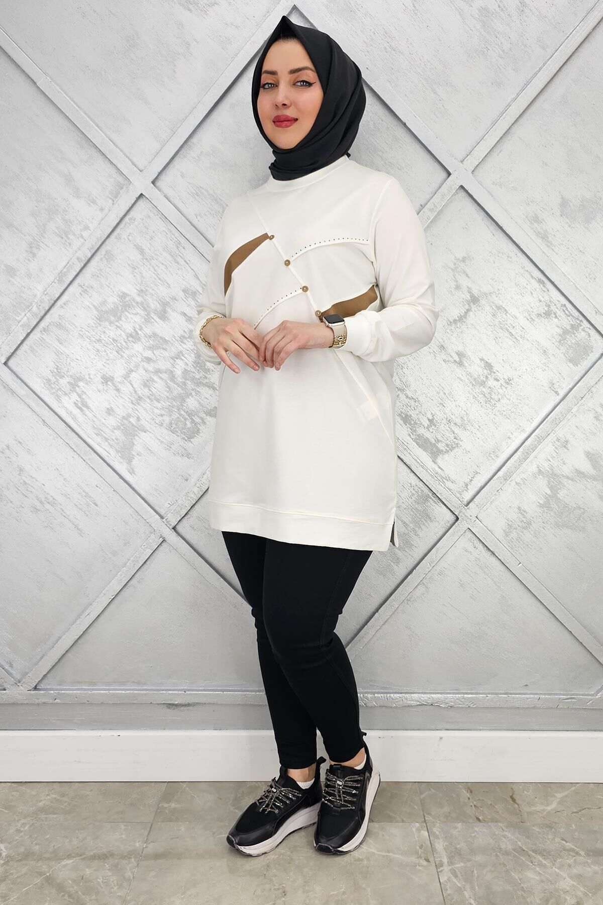 KADIN TAŞ DETAYLI TESETTÜR TUNİK EKRU - L