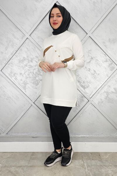 KADIN TAŞ DETAYLI TESETTÜR TUNİK EKRU - L