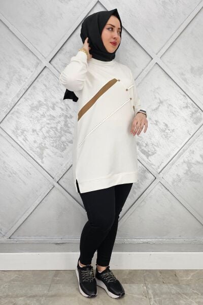 KADIN TAŞ DETAYLI TESETTÜR TUNİK EKRU - L