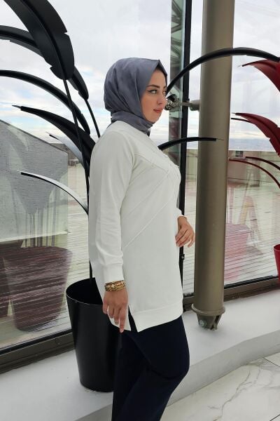 KADIN DİKME VE TAŞ DETAYLI TESETTÜR TUNİK EKRU - 5 BEDEN