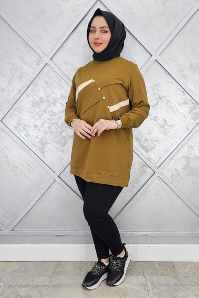 KADIN TAŞ DETAYLI TESETTÜR TUNİK YAĞ YEŞİLİ - L