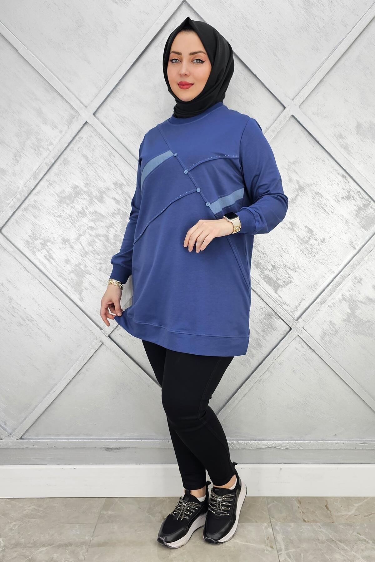 KADIN TAŞ DETAYLI TESETTÜR TUNİK İNDİGO - L