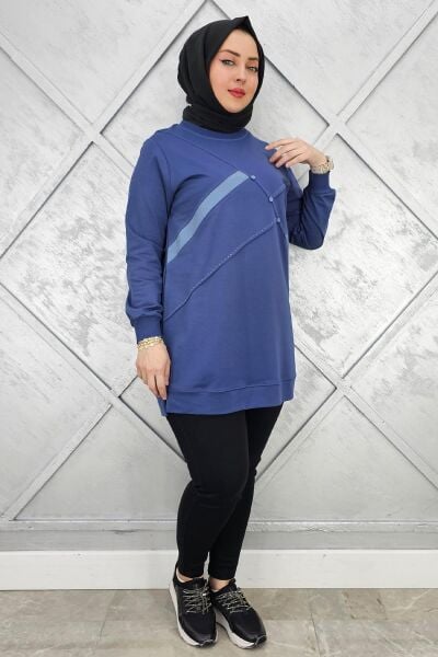 KADIN TAŞ DETAYLI TESETTÜR TUNİK İNDİGO - L