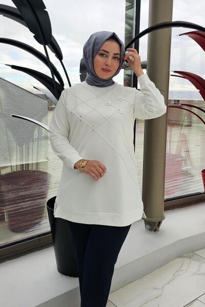 KADIN DİKME VE TAŞ DETAYLI TESETTÜR TUNİK EKRU - 2 BEDEN