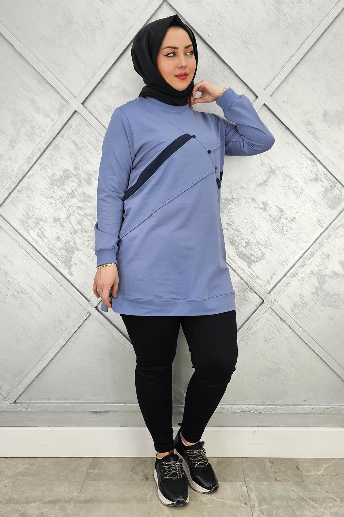 KADIN TAŞ DETAYLI TESETTÜR TUNİK MAVİ - 2XL