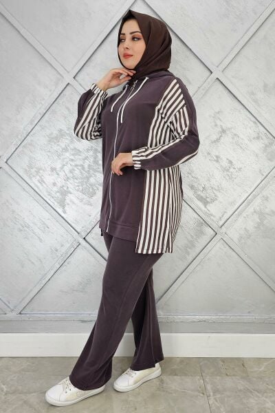 KADIN ÇİZGİLİ KOMBİN DETAYLI TESETTÜR TAKIM KAHVERENGİ - 5 BEDEN