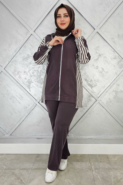 KADIN ÇİZGİLİ KOMBİN DETAYLI TESETTÜR TAKIM KAHVERENGİ - 5 BEDEN
