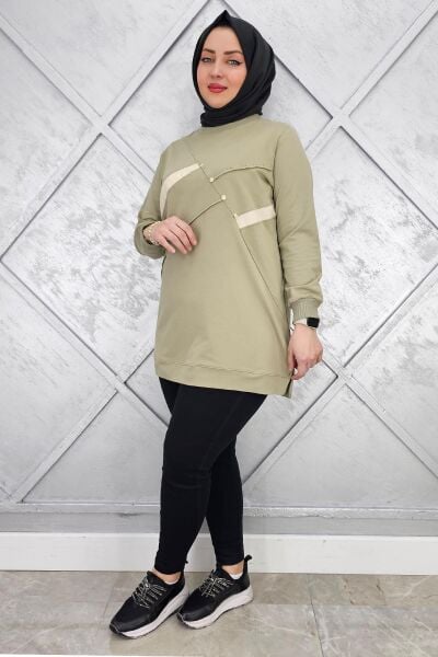 KADIN TAŞ DETAYLI TESETTÜR TUNİK HAKİ - L