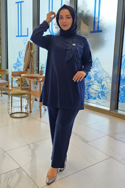 KADIN DİKME ÇİÇEK DETAYLI TESETTÜR TAKIM PARLEMENT - 5 BEDEN