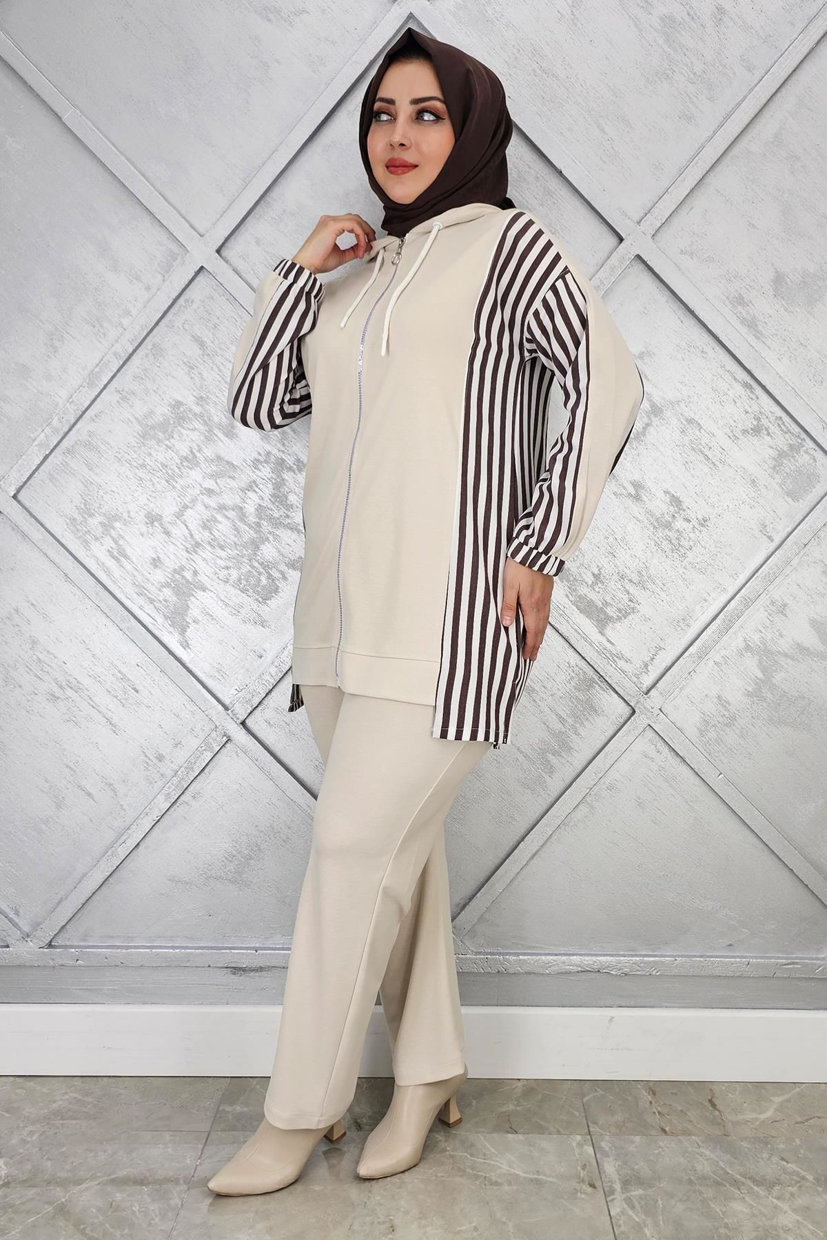 KADIN ÇİZGİLİ KOMBİN DETAYLI TESETTÜR TAKIM TAŞ - 4 BEDEN