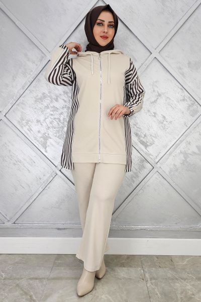KADIN ÇİZGİLİ KOMBİN DETAYLI TESETTÜR TAKIM TAŞ - 4 BEDEN