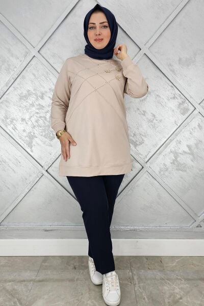 KADIN DİKME VE TAŞ DETAYLI TESETTÜR TUNİK BEJ - 5 BEDEN