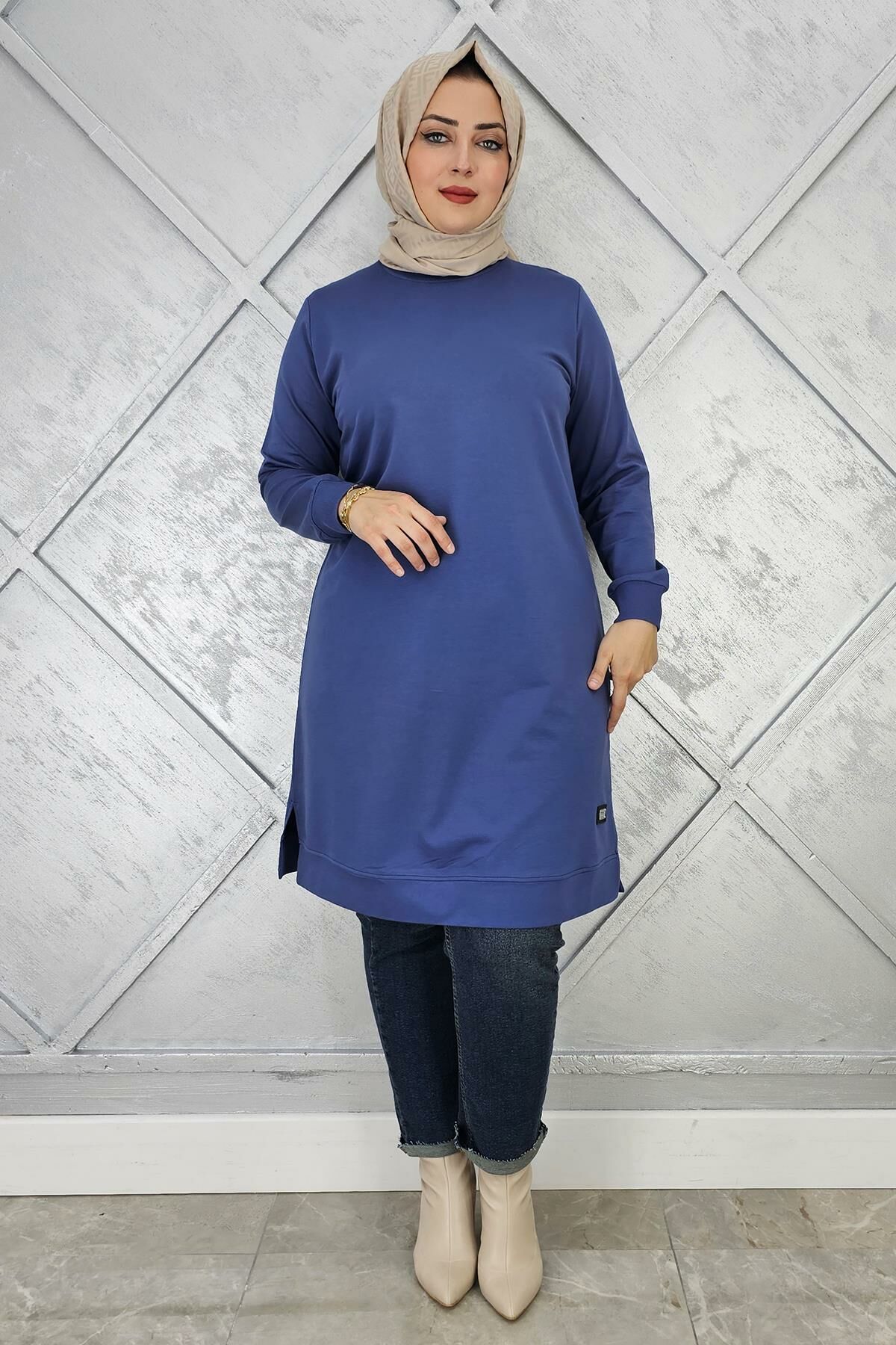 KADIN ETİKET DETAYLI TAKMA KOL TESETTÜR TUNİK İNDİGO - 3 BEDEN