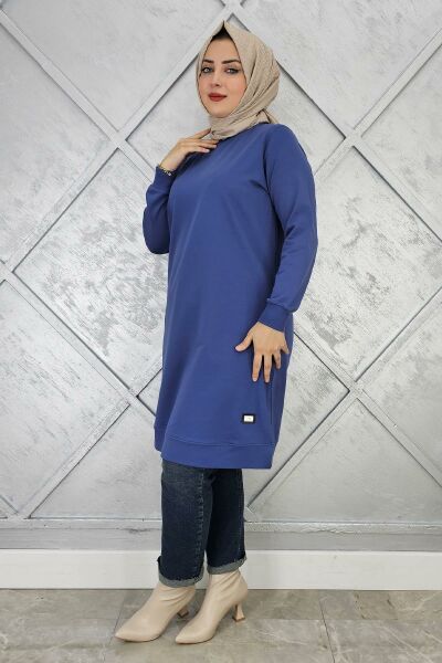 KADIN ETİKET DETAYLI TAKMA KOL TESETTÜR TUNİK İNDİGO - 3 BEDEN