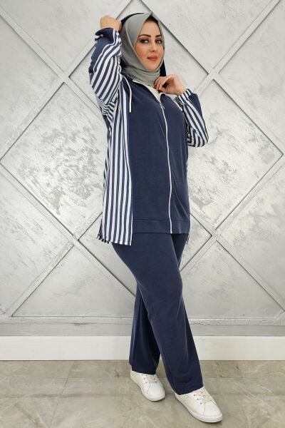 KADIN ÇİZGİLİ KOMBİN DETAYLI TESETTÜR TAKIM LACİVERT - 2 BEDEN