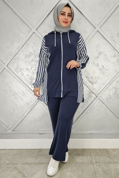 KADIN ÇİZGİLİ KOMBİN DETAYLI TESETTÜR TAKIM LACİVERT - 2 BEDEN