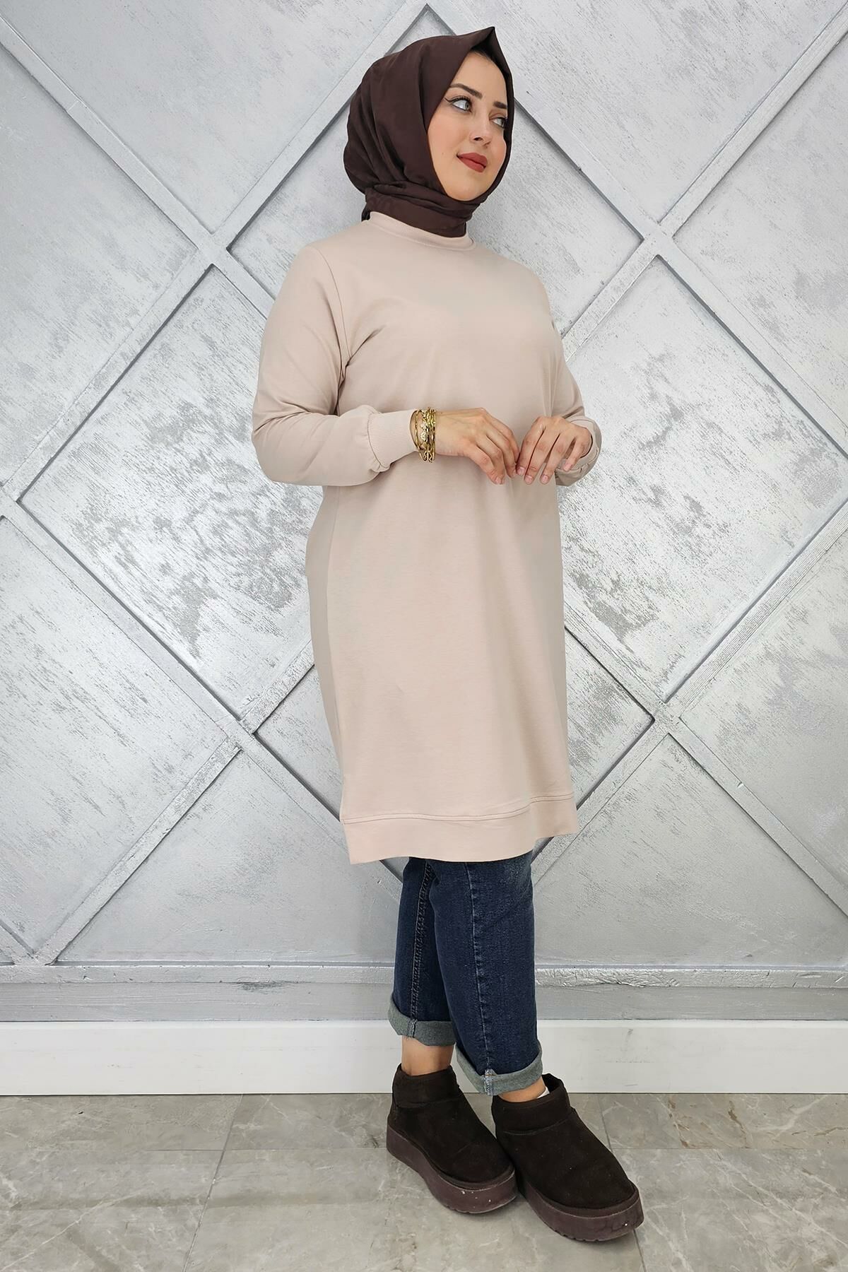 KADIN ETİKET DETAYLI TAKMA KOL TESETTÜR TUNİK BEJ - 5 BEDEN