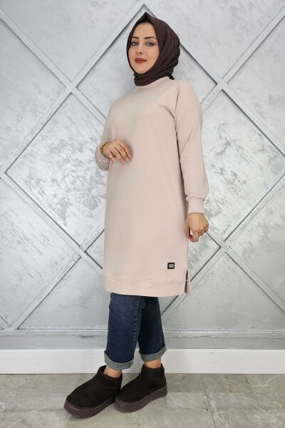 KADIN ETİKET DETAYLI TAKMA KOL TESETTÜR TUNİK BEJ - 5 BEDEN