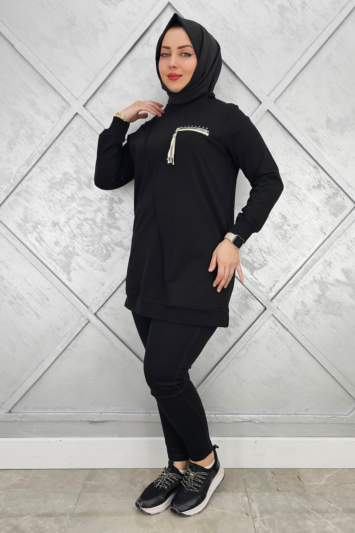 KADIN CEBİ KOMBİN VE AKSESUAR DETAYLI TESETTÜR TUNİK SİYAH - 3XL