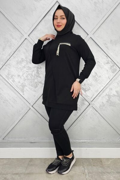 KADIN CEBİ KOMBİN VE AKSESUAR DETAYLI TESETTÜR TUNİK SİYAH - 3XL