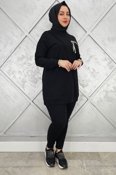 KADIN CEBİ KOMBİN VE AKSESUAR DETAYLI TESETTÜR TUNİK SİYAH - 3XL