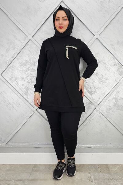 KADIN CEBİ KOMBİN VE AKSESUAR DETAYLI TESETTÜR TUNİK SİYAH - 3XL