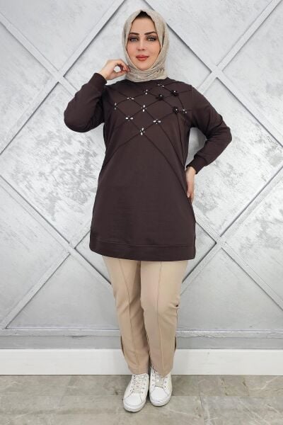 KADIN DİKME VE TAŞ DETAYLI TESETTÜR TUNİK KAHVERENGİ - 5 BEDEN