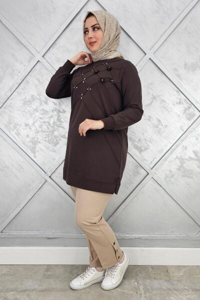 KADIN DİKME VE TAŞ DETAYLI TESETTÜR TUNİK KAHVERENGİ - 5 BEDEN