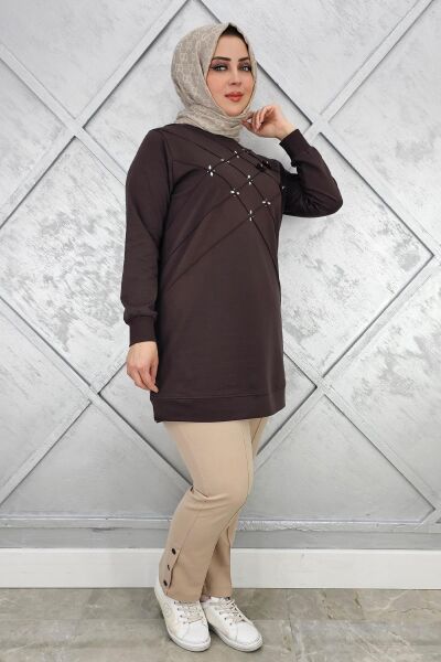 KADIN DİKME VE TAŞ DETAYLI TESETTÜR TUNİK KAHVERENGİ - 5 BEDEN