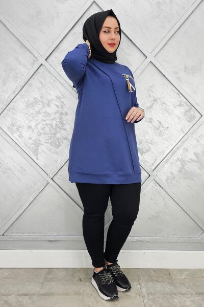 KADIN CEBİ KOMBİN VE AKSESUAR DETAYLI TESETTÜR TUNİK İNDİGO - XL