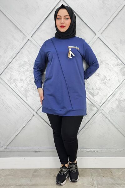 KADIN CEBİ KOMBİN VE AKSESUAR DETAYLI TESETTÜR TUNİK İNDİGO - XL