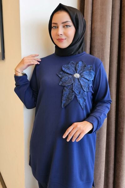 KADIN DİKME ÇİÇEK DETAYLI TESETTÜR TAKIM PARLEMENT - 4 BEDEN