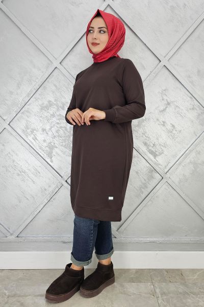 KADIN ETİKET DETAYLI TAKMA KOL TESETTÜR TUNİK KAHVERENGİ - 5 BEDEN