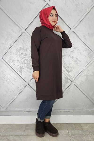 KADIN ETİKET DETAYLI TAKMA KOL TESETTÜR TUNİK KAHVERENGİ - 5 BEDEN