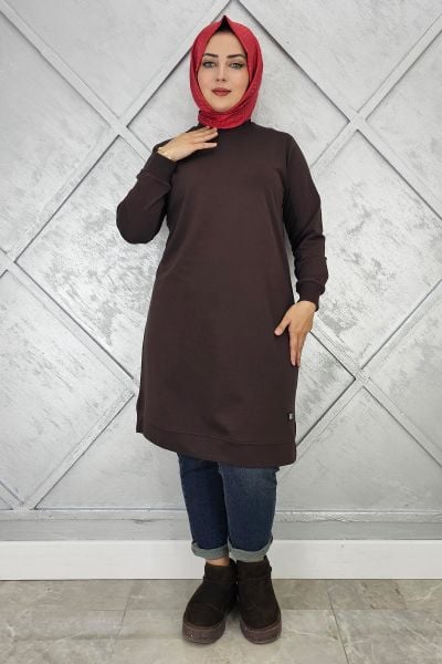KADIN ETİKET DETAYLI TAKMA KOL TESETTÜR TUNİK KAHVERENGİ - 5 BEDEN
