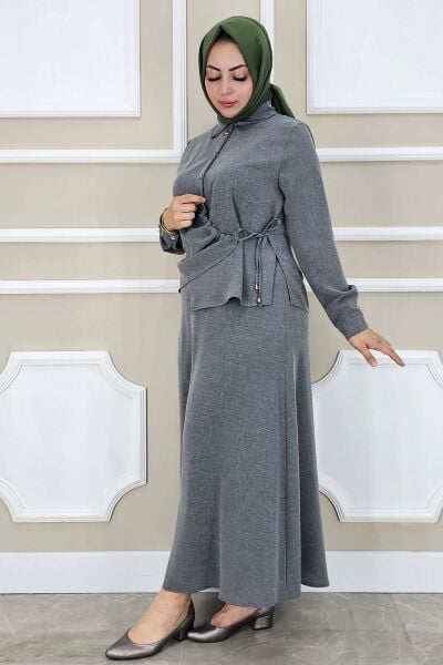 PYS KADIN BAĞLAMA DETAYLI ETEKLİ TESETTÜR TAKIM GRİ - 3 BEDEN