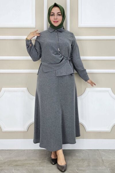 PYS KADIN BAĞLAMA DETAYLI ETEKLİ TESETTÜR TAKIM GRİ - 3 BEDEN