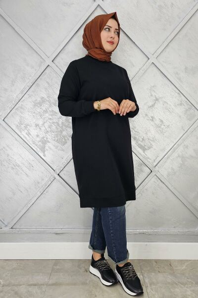 KADIN ETİKET DETAYLI TAKMA KOL TESETTÜR TUNİK SİYAH - 5 BEDEN
