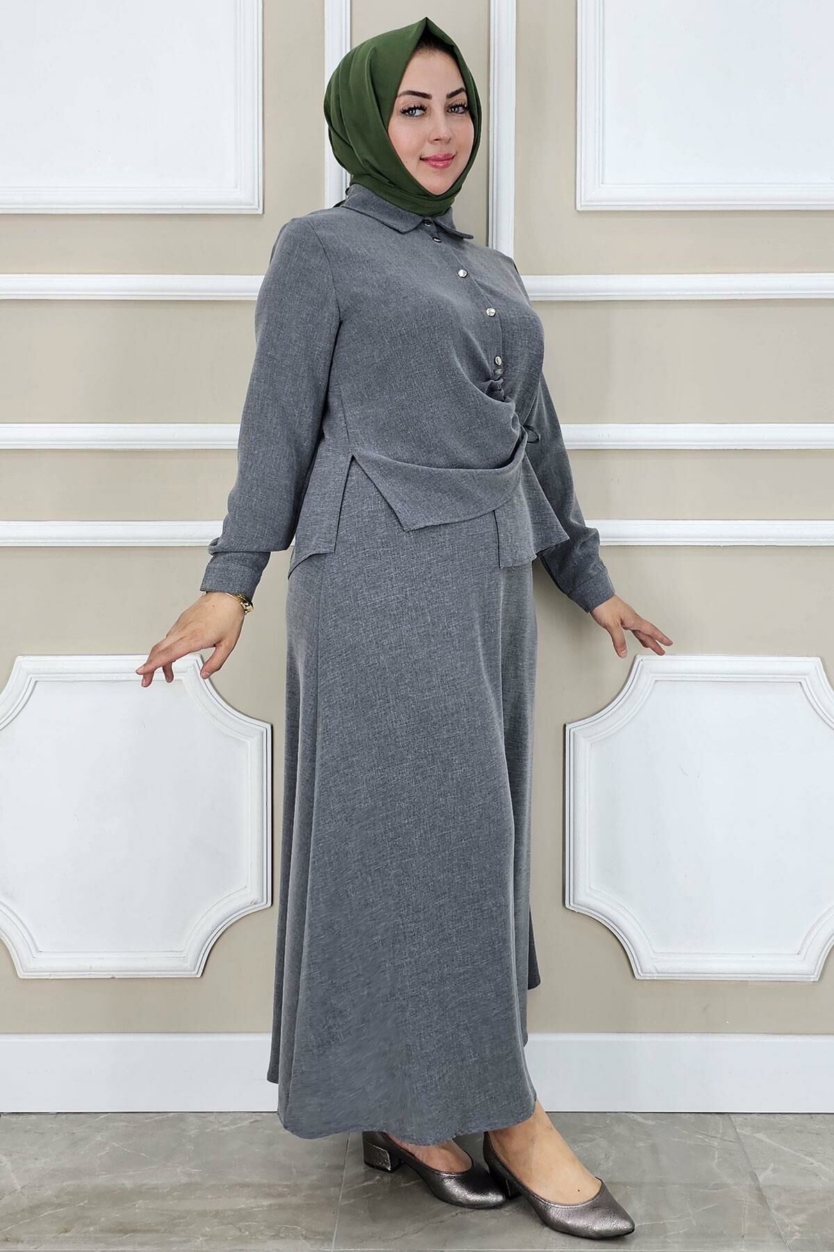 PYS KADIN BAĞLAMA DETAYLI ETEKLİ TESETTÜR TAKIM GRİ - 4 BEDEN