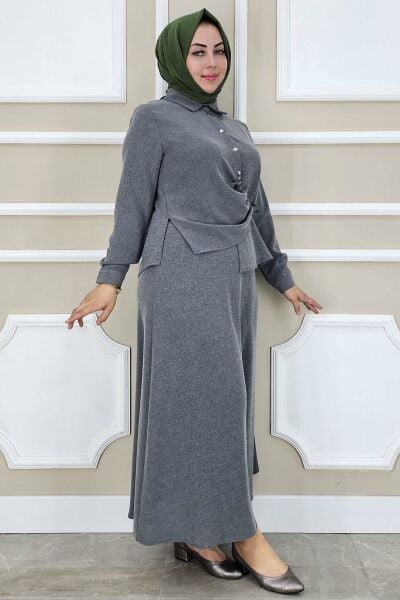 PYS KADIN BAĞLAMA DETAYLI ETEKLİ TESETTÜR TAKIM GRİ - 4 BEDEN