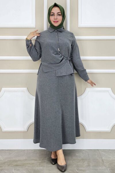 PYS KADIN BAĞLAMA DETAYLI ETEKLİ TESETTÜR TAKIM GRİ - 4 BEDEN